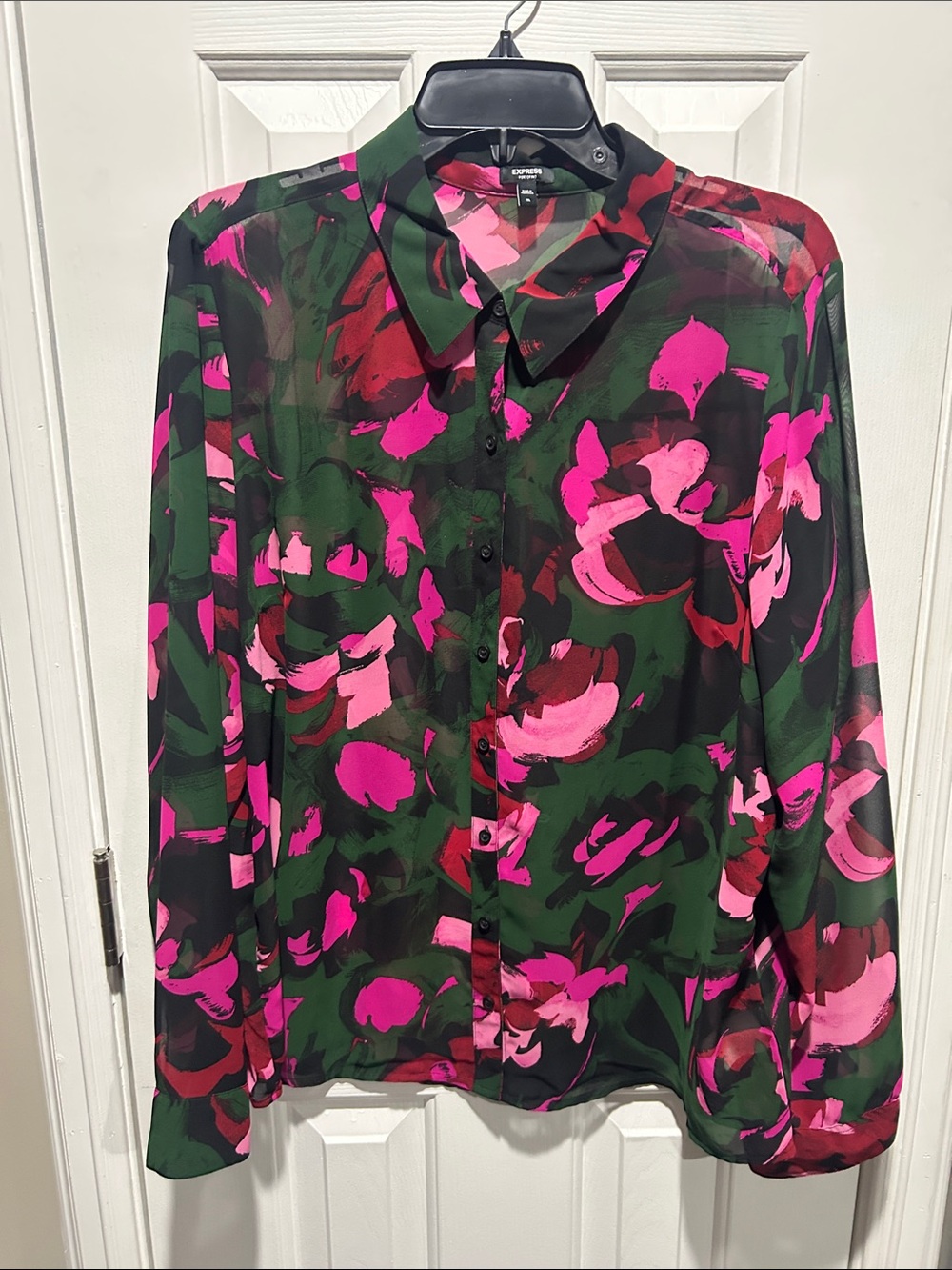 Express Floral Button-Down Blouse in Pink & Green